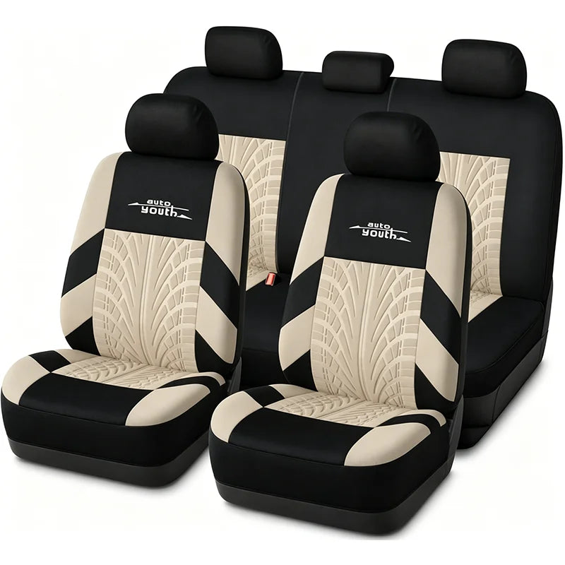 AUTOYOUTH Embroidered Car Seat Covers Full Set, Universal Fit with Tire Track Detail