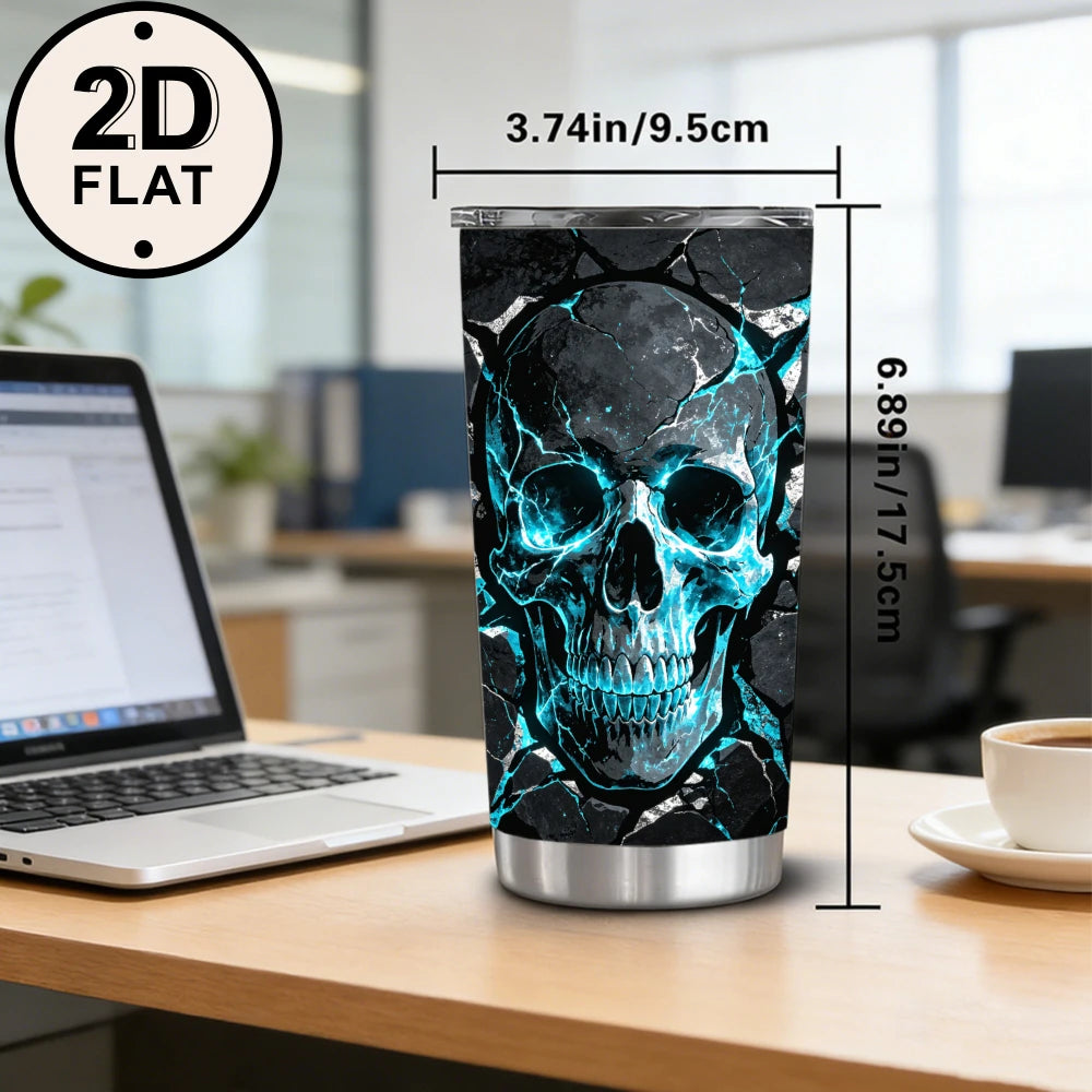 Halloween Blue Fire Skull Tumbler, 20 oz Insulated Stainless Steel with Lid and Straw