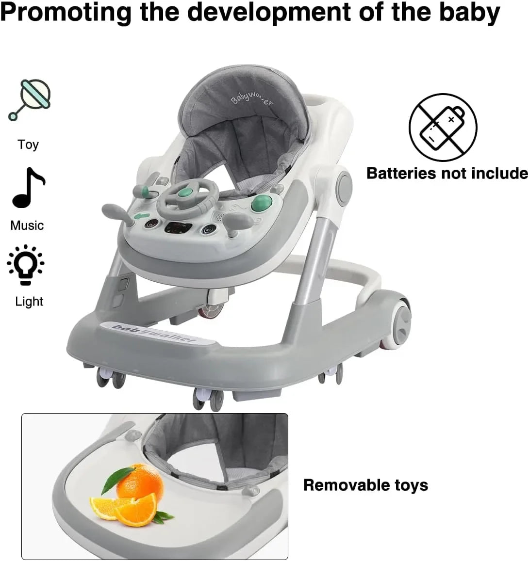 2 in 1 Baby Push Walker and Activity Walker with Removable Feeding Tray and Music Tray, Batteries Not Included