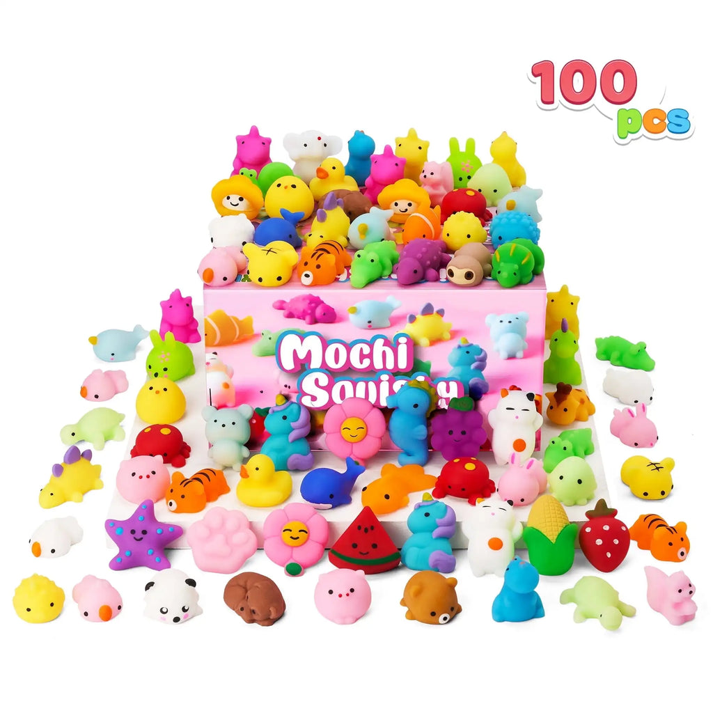 100 Pcs Mini Animals & Fruit Mochi Squishies for Kids Party Favor Toys Stress Relief Novelty Fidget Toys Birthday Gifts