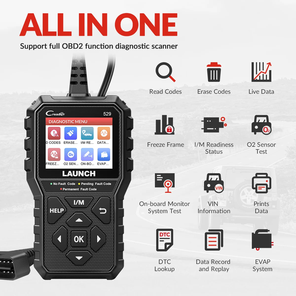 LAUNCH Creader 529 CR529 Automotive OBDII Scanner Car Diagnostic Tools Engine Check OBDII Scan Tools Launch Obd2 Scanner X431