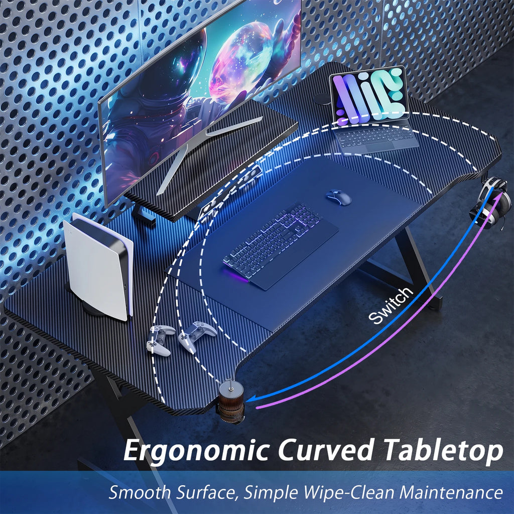 Ergonomic Gaming Desk with Elevated Monitor Riser Stand & Built-in LED Light Strip, Large Curved Carbon Fiber Surface Computer Desk