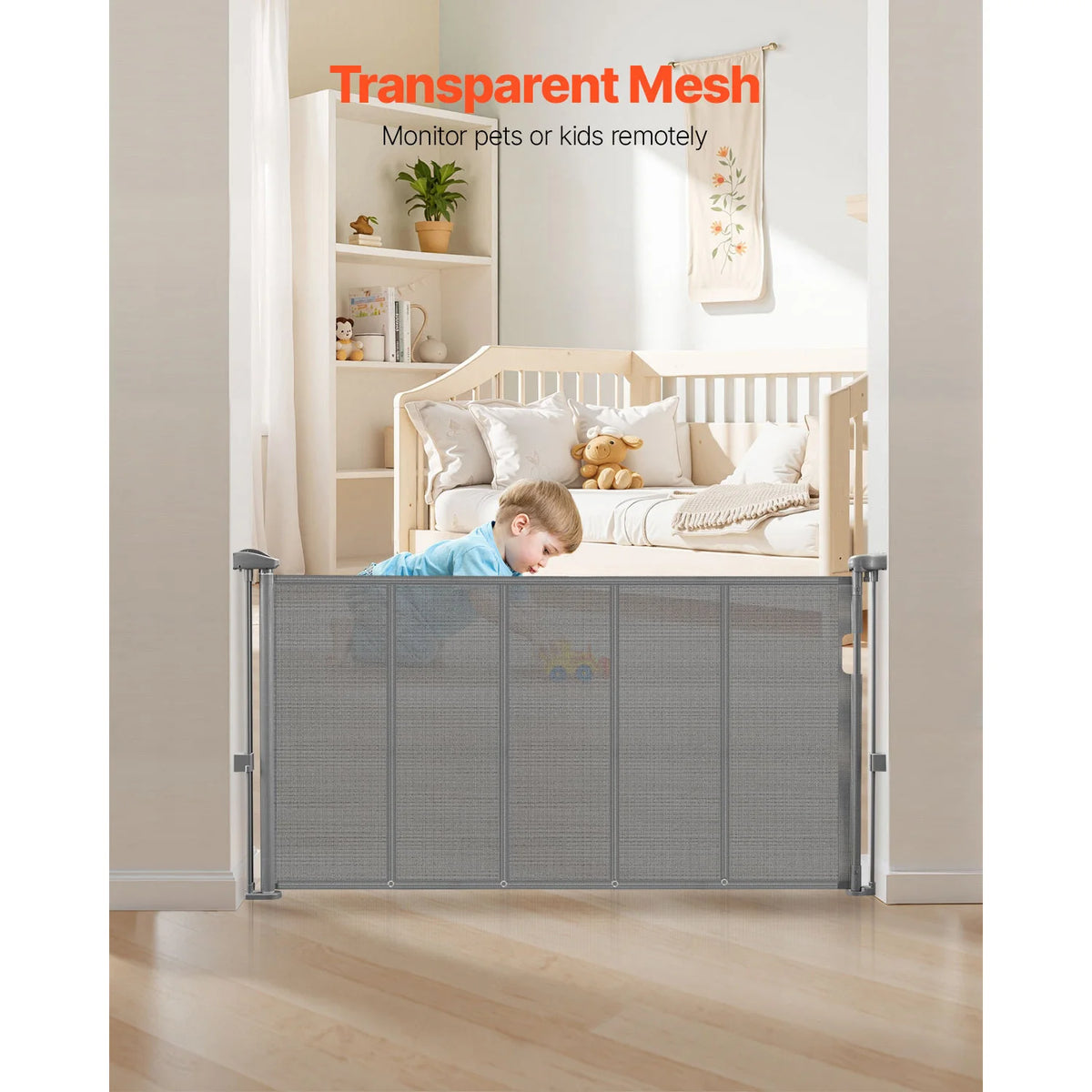 55/71/110in Retractable Baby Gate 34in Tall Extends Wide Retractable Gate Kids Mesh Material Easy to Install