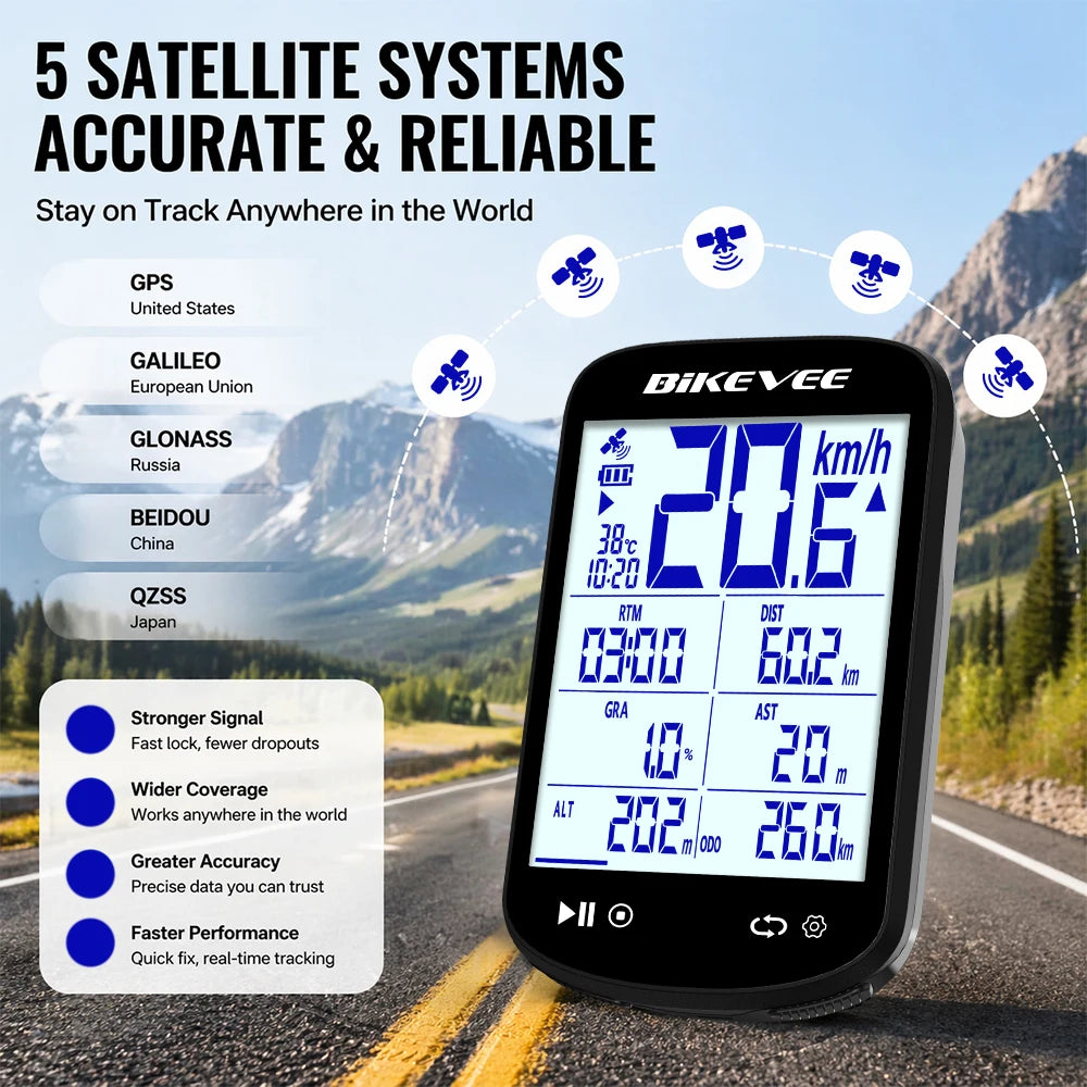 BIKEVEE Newest Sunlight-Readable 2.6" LCD Multiple Data Display GPS Bluetooth Wireless Bicycle Computer Multifunctional Rechargeable Bike Speedometer Odometer Stopwatch Tracker Connect with Auto Start/Stop Backlight Bike Acce