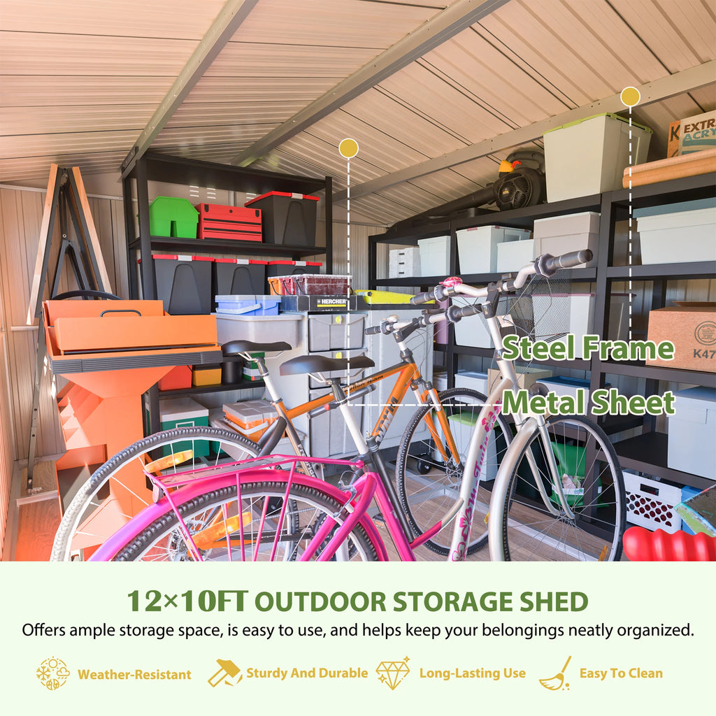 12x10FT Grey Metal Outdoor Storage Shed, Lockable Waterproof Steel Garden Tool & Equipment Building for Backyard