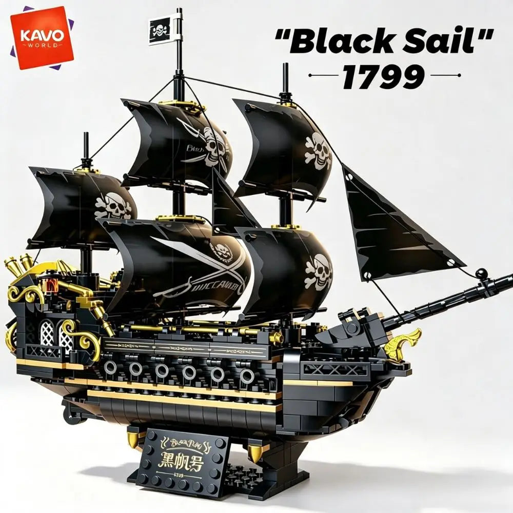 KAVOWORLD 801pcs 1799 Classic Black Sail Pirate Ship Toys Building Blocks Model with Display Stand Large Buccaneer Vessel Boat Brick Kit Corsair Boat Construction Toy Set Collectible DIY Assembly Toy for Desk Decor Christmas
