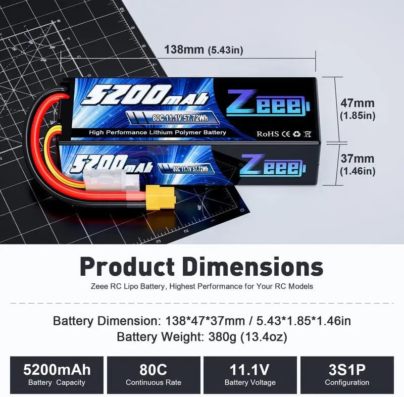 Zeee 11.1V 80C 5200mAh 3S Lipo Battery with Deans Plug Hardcase Battery for RC Car Boat Truck Helicopter Airplane Racing Models