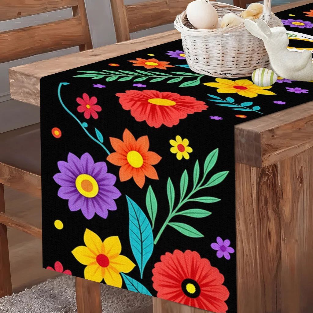 Halloween Day of the Dead Marigold Sugar Skull Linen Table Runner