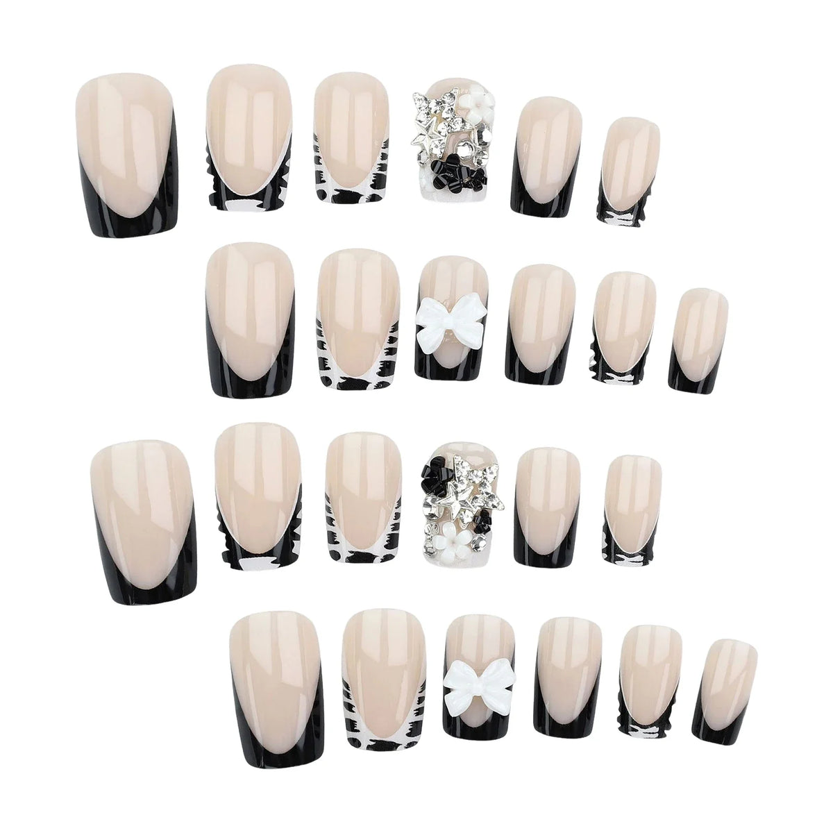 Y2K 24Pcs Set French Style Black & White Tie Dye Polka Dot Press-On Nails, Reusable, With Bowknot, Star Rhinestones, Cute & Chic, Suitable For Dates