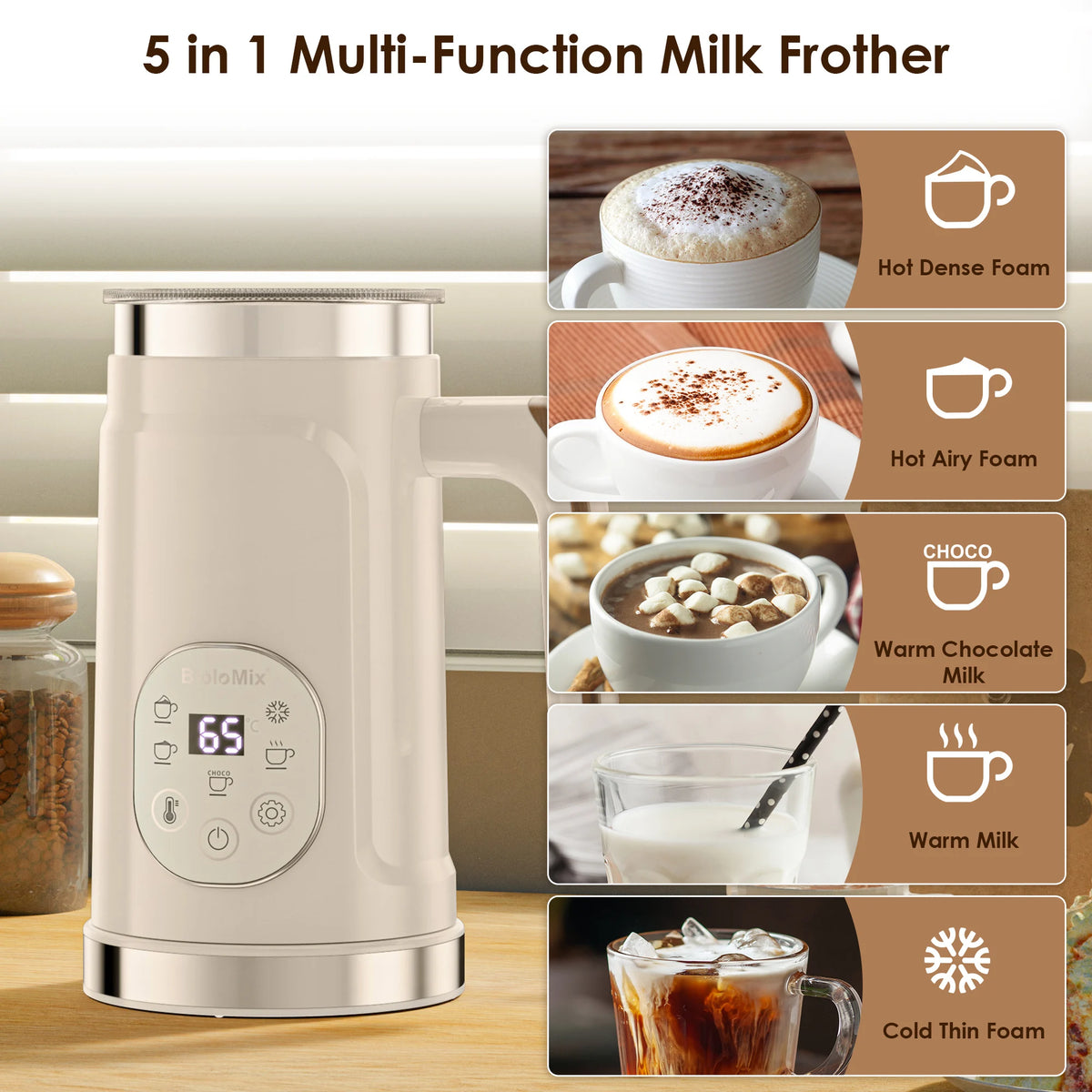 BioloMix 5-in-1 Milk Frother with LED Touch Screen, Hot and Cold Foam Maker for Lattes