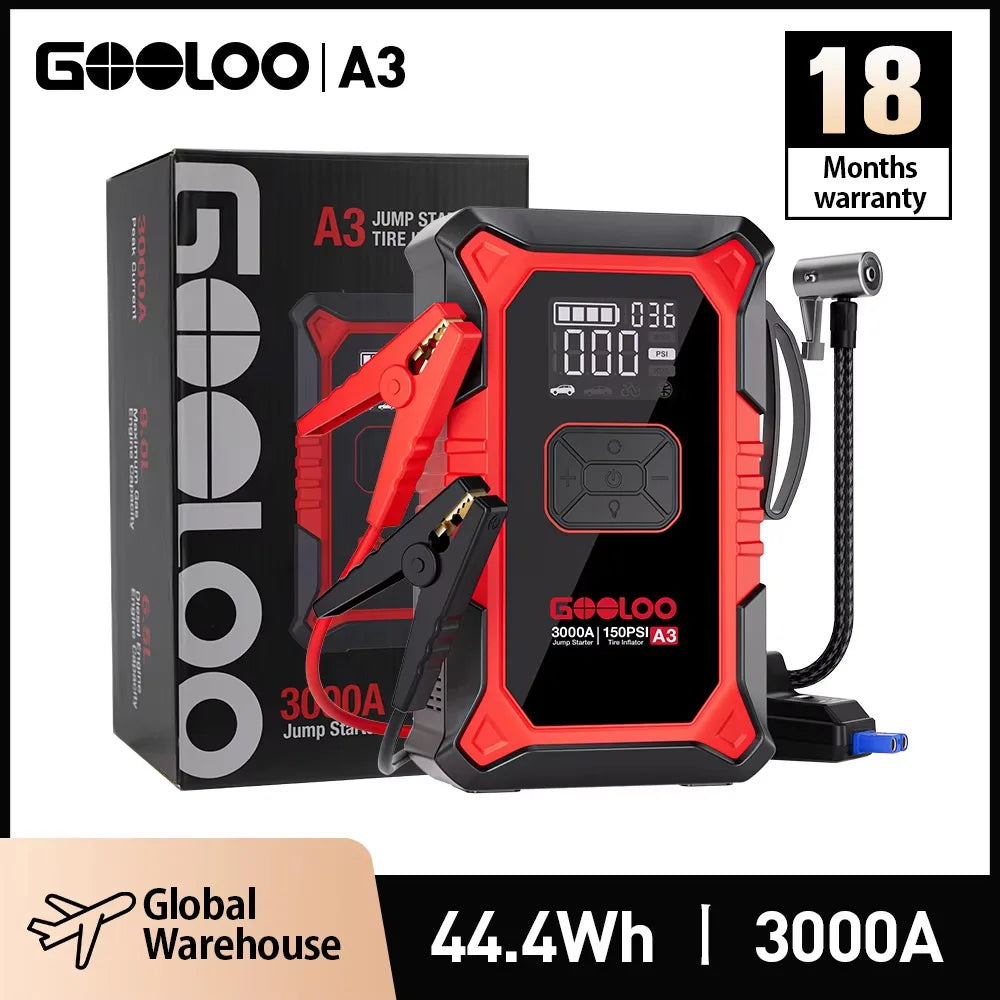 A3 Jump Starter with Air Compressor, 3000A Portable Car Battery Booster (9.0 Gas/6.5L Diesel) with 150PSI Auto-Shutoff Ti