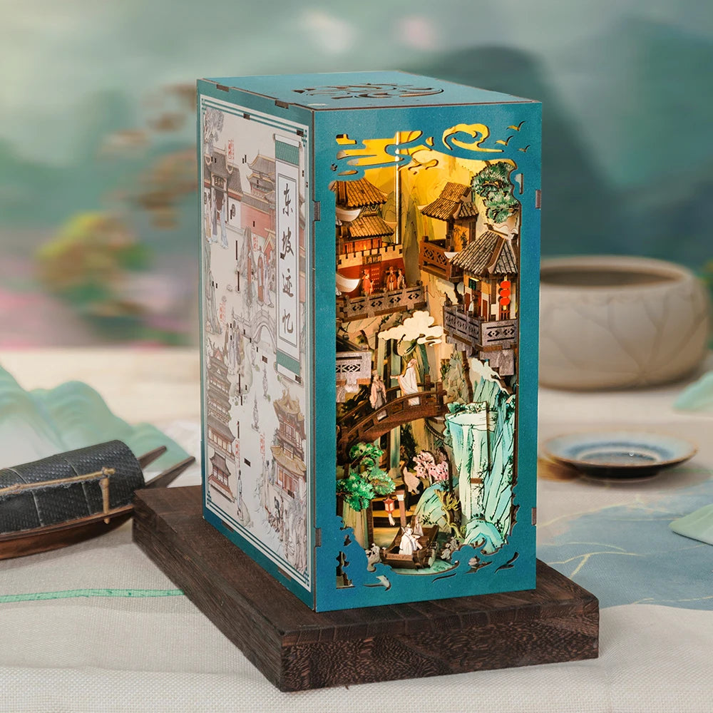 CUTEBEE Antiquity Book Nook Chinese Style Doll House Kit with Touch Light Dust Cover Bookshelf Insert Toy Su Dongpo's Life