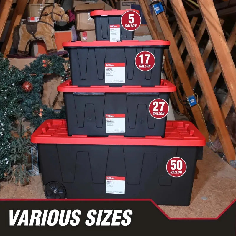 (6 pack/ 4pack) Large Storage Bin, 27 Gallon Plastic Storage Container with Snap-On Lid, Black and Red