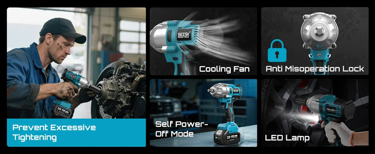 SEESII WH710 Pro 1200N.m Electric Impact Wrench Brushless 1/2" High Torque Handheld Cordless Impact Gun Tool Kit LED Light 6 Socket