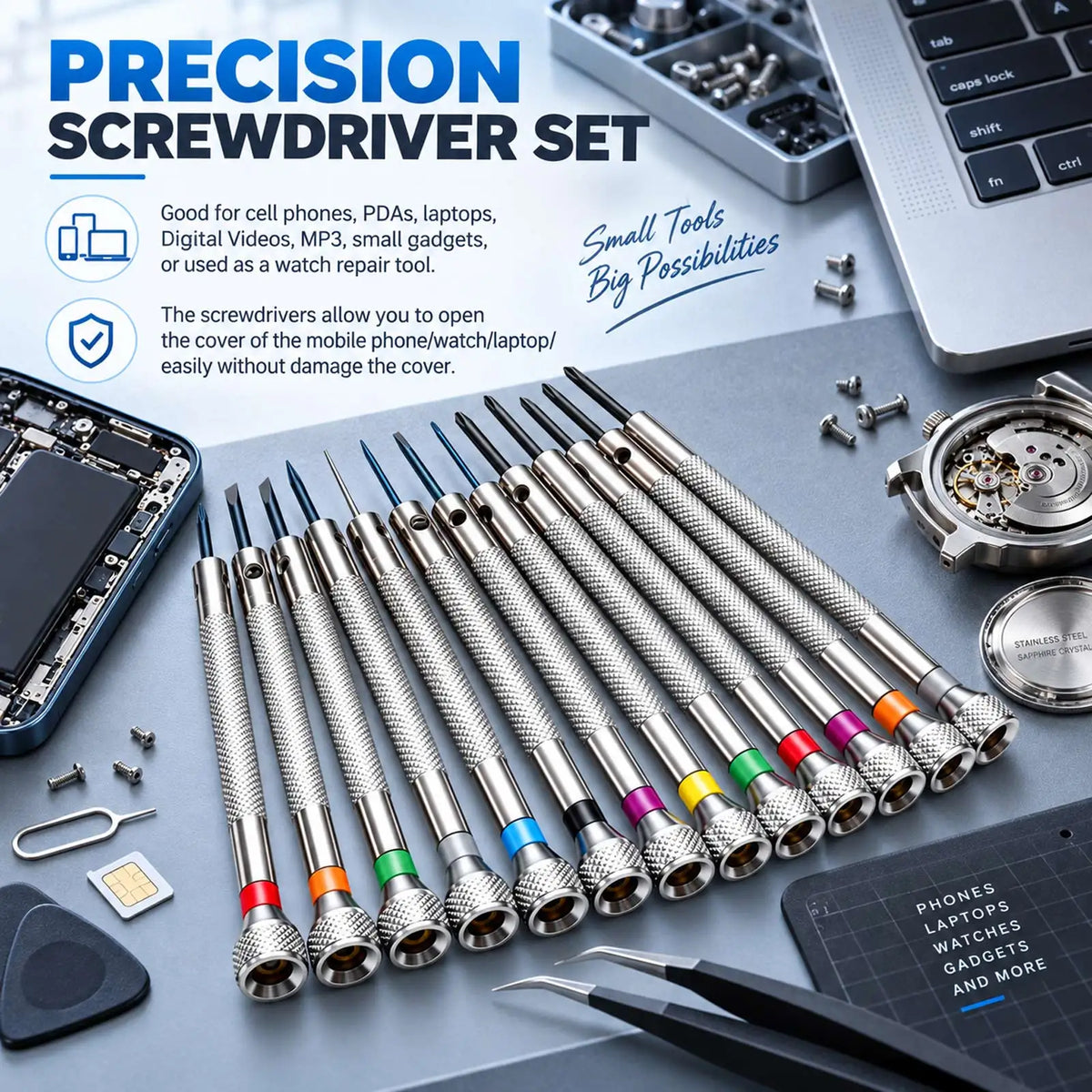 13PCS/Set 0.6-2.0mm Slotted Cross Screwdriver Set Professional Watchmakers Watch Repair Screwdrivers Tool Kit