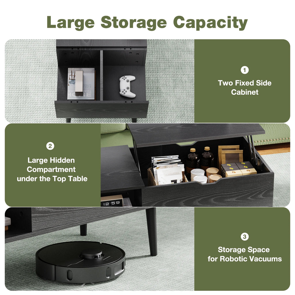 Lift-Top Coffee Table with Hidden Storage Shelf, 39 x 20 Inch