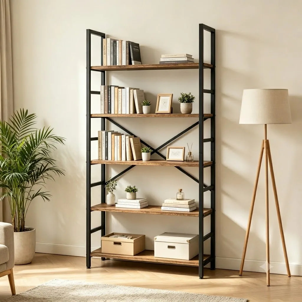 Bookshelf 5＆6 Tier Industrial Rustic Wood Bookcase Open Storage Shelving Unit Black Metal Frame Freestanding Display Rack Multipurpose Storage Organizer for Bedroom Living Room Office Kitchen Plant Decor