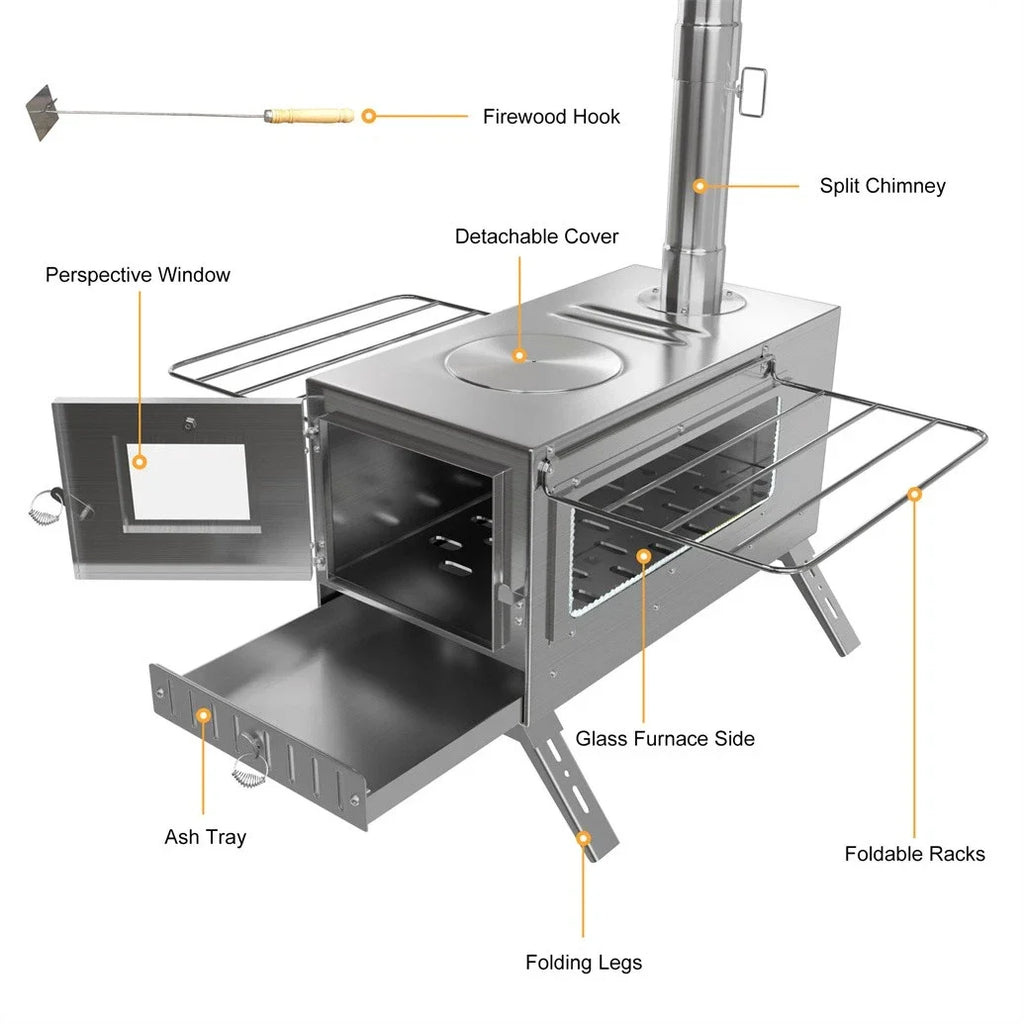 Hot Tent Stove, Wood Burning Stove, Portable Wood Stove with 6 Stainless Chimney Pipes for Outdoor Heating & Cooking