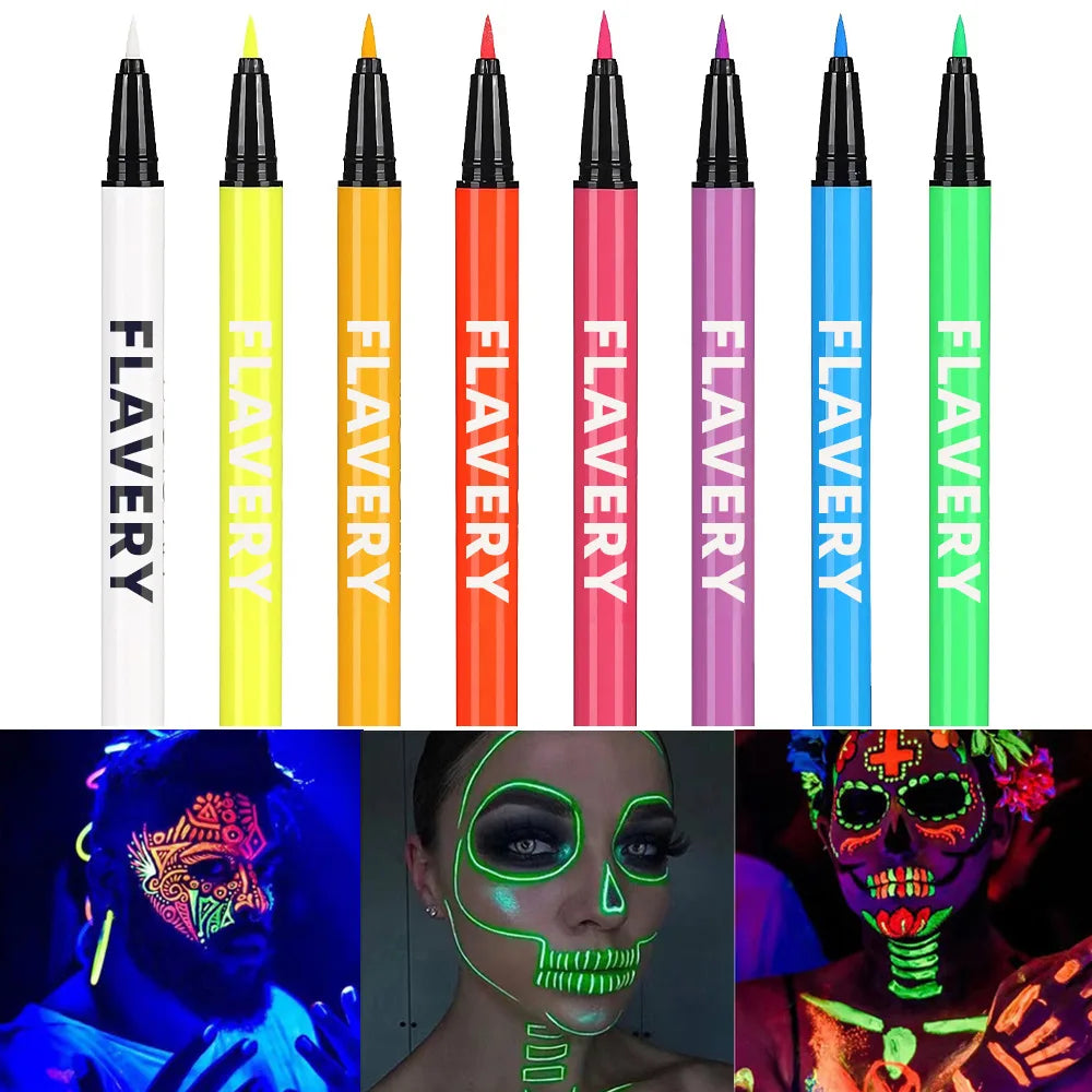 8-color fluorescent color UV eyeliner, waterproof and sweat-proof face paint pen,Halloween matte glowing neon liquid eyeliner