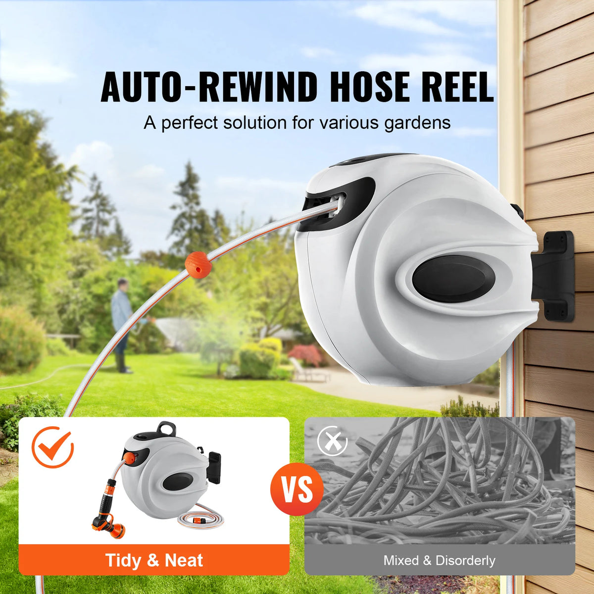 Retractable Hose Reel1/2 inch 180° Swivel Bracket Wall-Mounted Garden Water Hose Reel with 9-Pattern Nozzle and 3 Fast