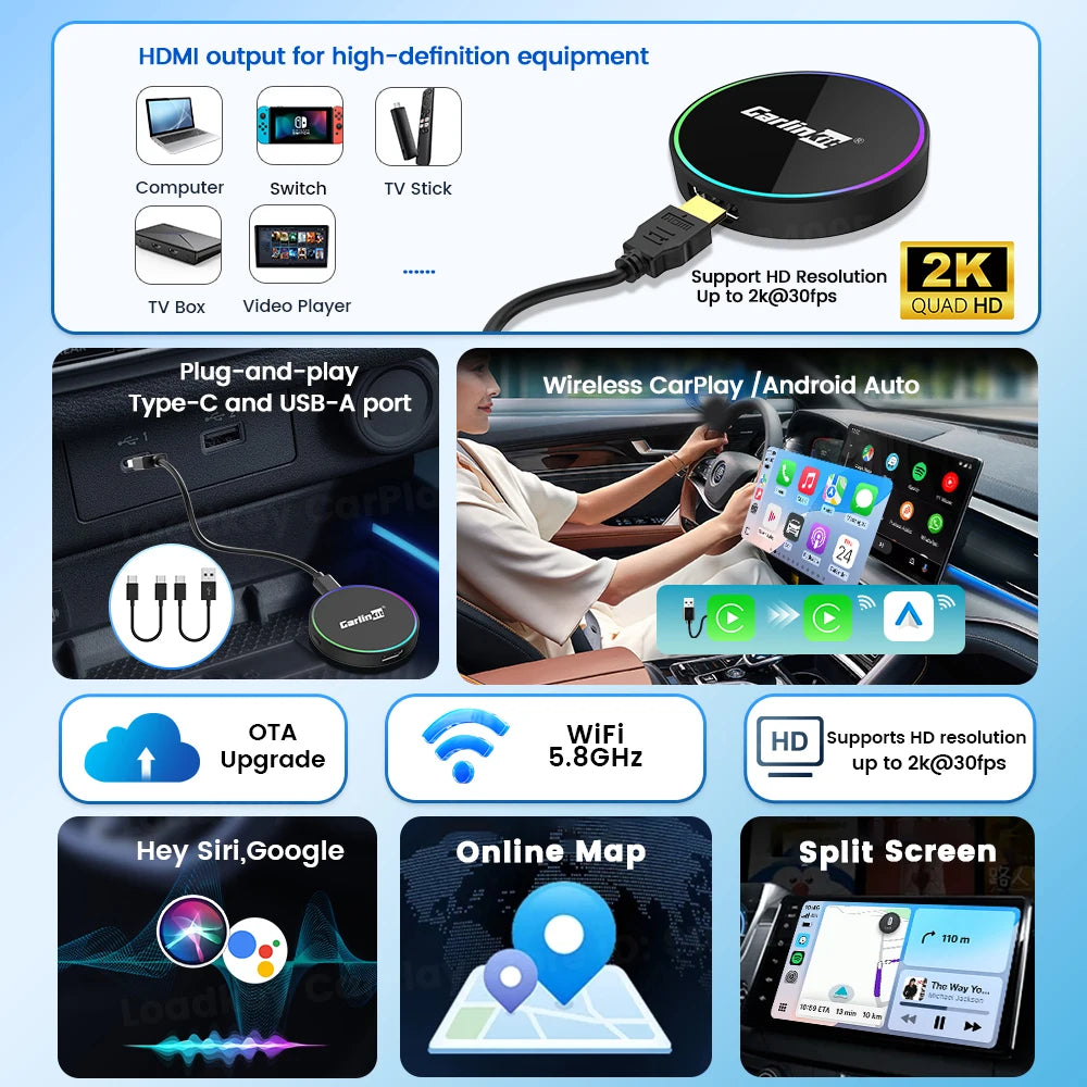 2026 CarlinKit HD2CP Pro CarPlay to HDMI Wireless Adapter CarPlay Android Auto 2K HDMI Input Support Tv Stick Laptop Tv Box 5.0