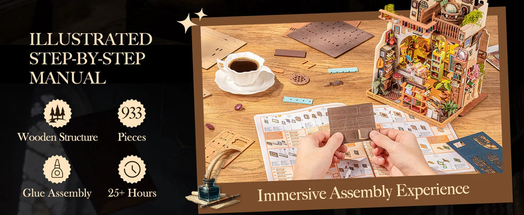 Rolife Wooden Dollhouse 3D Puzzle Pagestory Bookstore DIY Miniature House Craft Kit Kit with LED Light for Bookshelf Decor Brain Teasers Jigsaw Toys Holiday Gift for Book Lovers