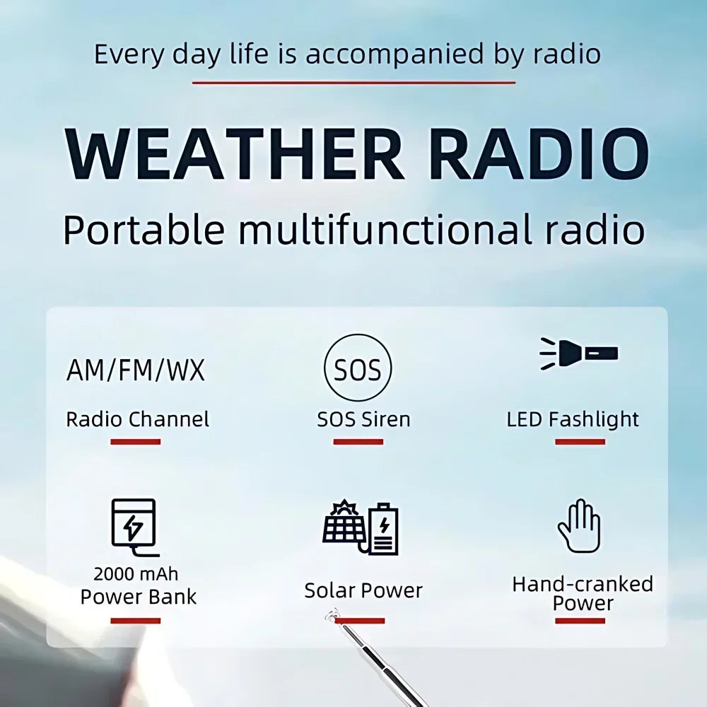 Solar Hand Crank Radio Portable Emergency Weather Alert Device with 2000mAh Power Bank and LED Flashlight Ideal for Home Blackout Severe Weather