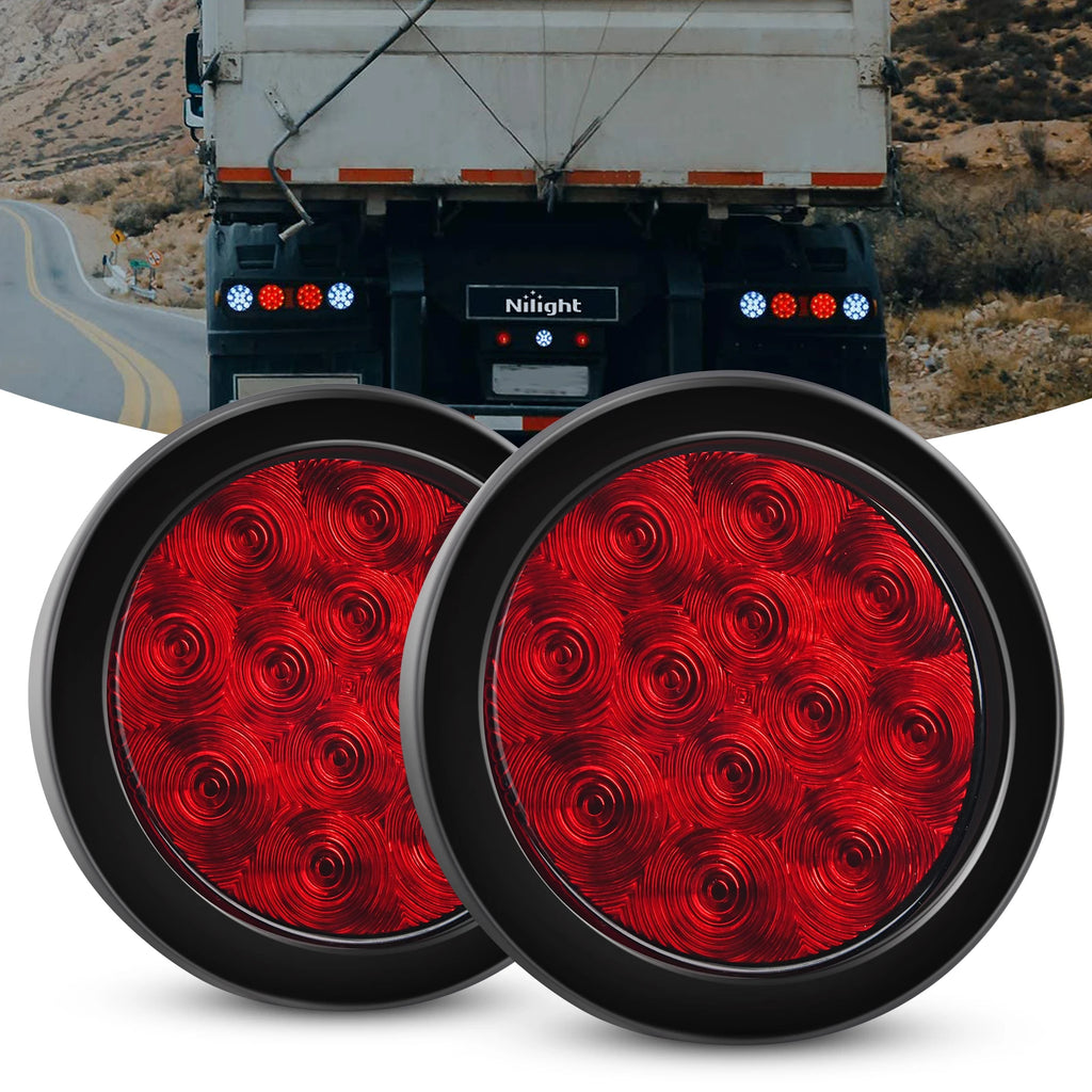 Nilight 4' Round Red LED Trailer Tail Lights with Surface Mount Grommet Plugs IP67 Stop Brake Turn Tail Lights for Truck Trailer RV Jeep 2PCS