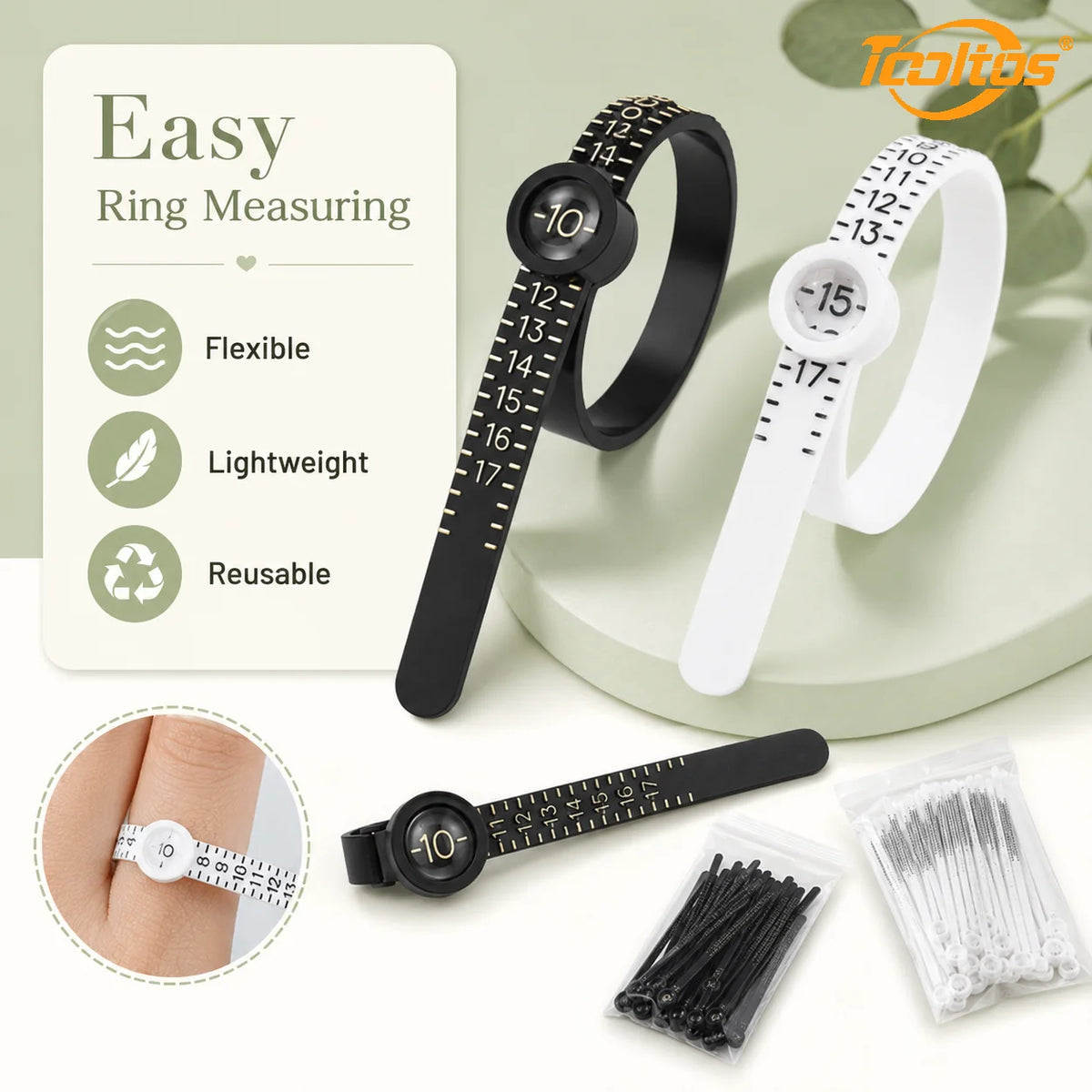 TOOLTOS 50PCS Ring Sizer Measuring Belts with Magnifier US Size 1-17 Adjustable Finger Gauge Black White Jewelry Ring Measuring Tools