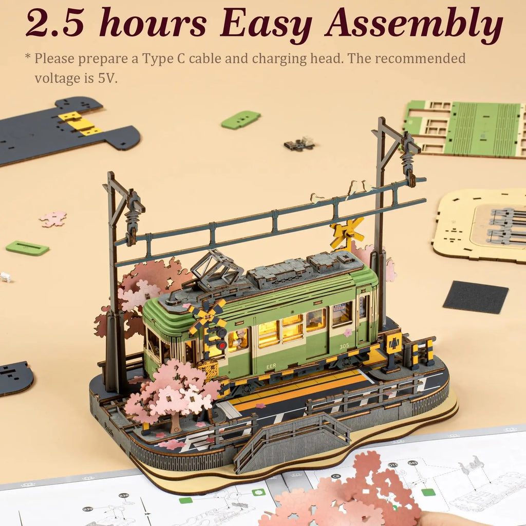 Rolife Wooden 3D Puzzle Sakura Journey Tram DIY Model Building Toy with LED for Bookshelf Home Decor Gifts for Adults Family