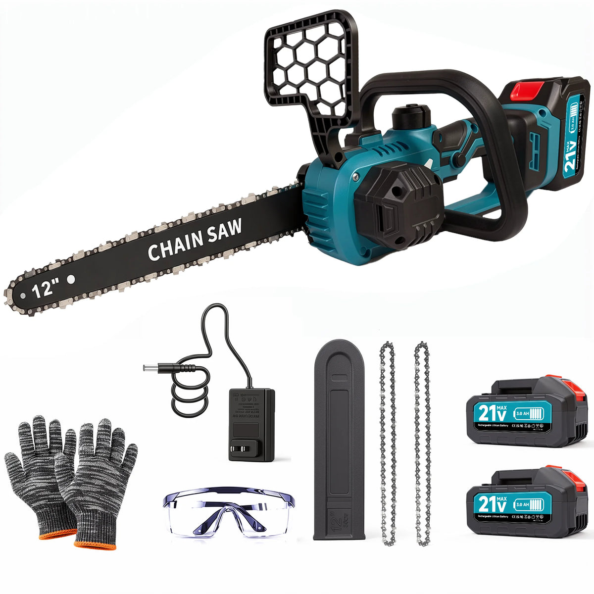 12 in Electric Chainsaw Cordless, 21v,2x4000mah Battery Handheld Chainsaw for Tree Trimming Electric Tree Trimmer Saw