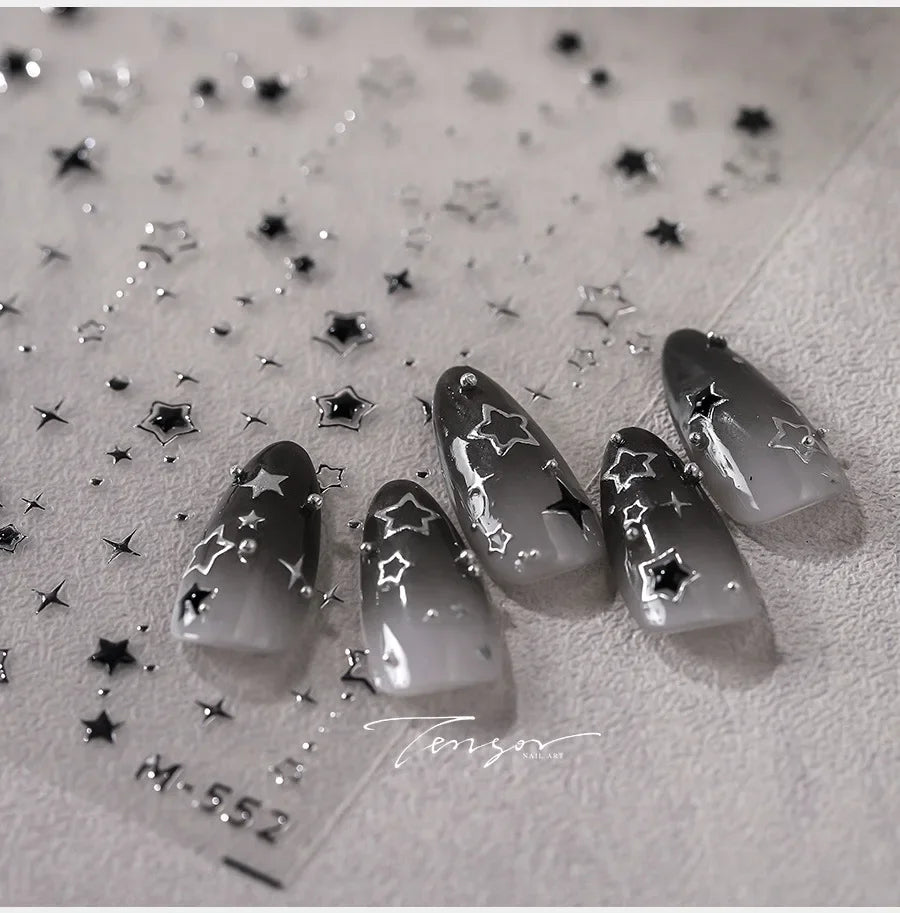 5D Luxury Star Nail Stickers for Nail Art Stars Black Silver Nail Decals Gilding Hollow Out Five-Pointed Nail Art Design Slider