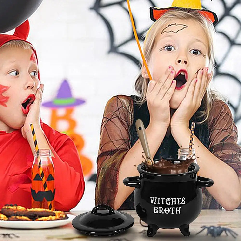 Halloween Witch Cauldron Ceramic Soup Bowl with Spoon, 650 ml
