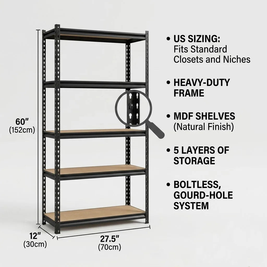 Slim 5-Tier Metal Shelving Unit, 27.6x11.8x59.8 Inch Heavy Duty Storage Rack, Adjustable Pantry Shelf Food Storage Organizer for Kitchen, Living Room Plant Stand & Display Rack, No-Tool Assembly