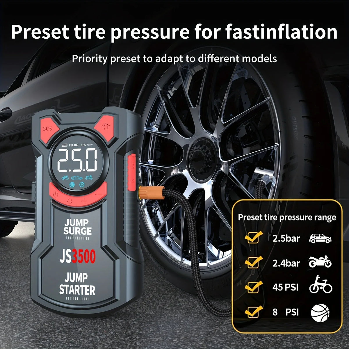 PAIVIROKU 5-in-1 Multifunctional Air Pump Jump Starter with Air Compressor 3000A Peak/150PSI Battery Jump Starter Digital Tire Inflator