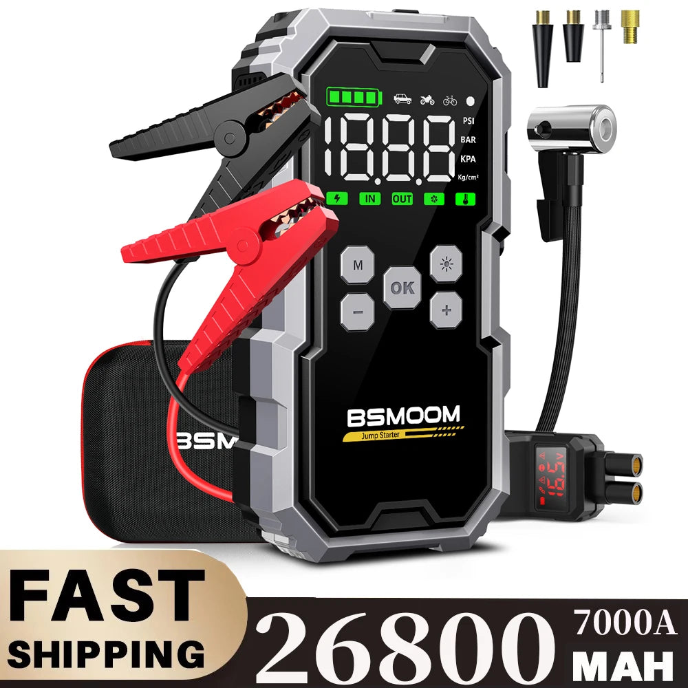 Portable Car Jump Starter with 150PSI Air Compressor, Power Bank and Emergency Battery Booster