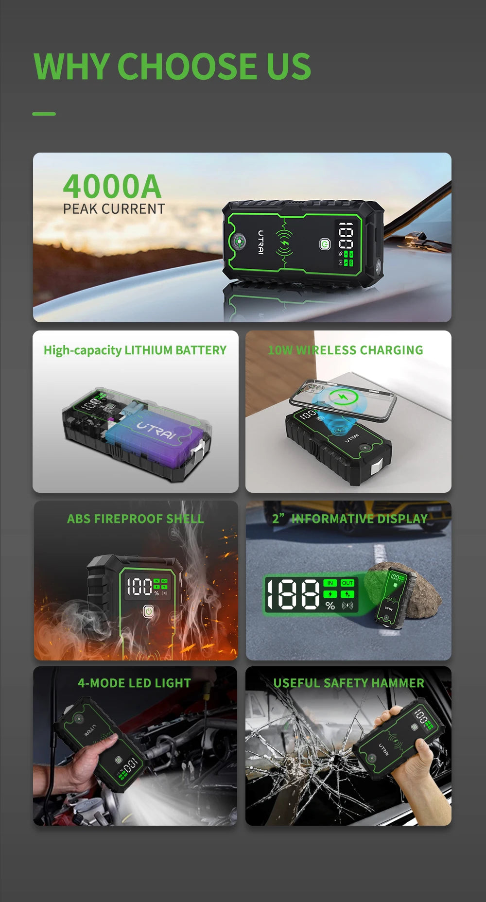 UTRAI Car Jump Starter 4000A Car Battery Starters 16000mAh Portable Power Bank 10W Wireless Charging Propulsion Booster For Car