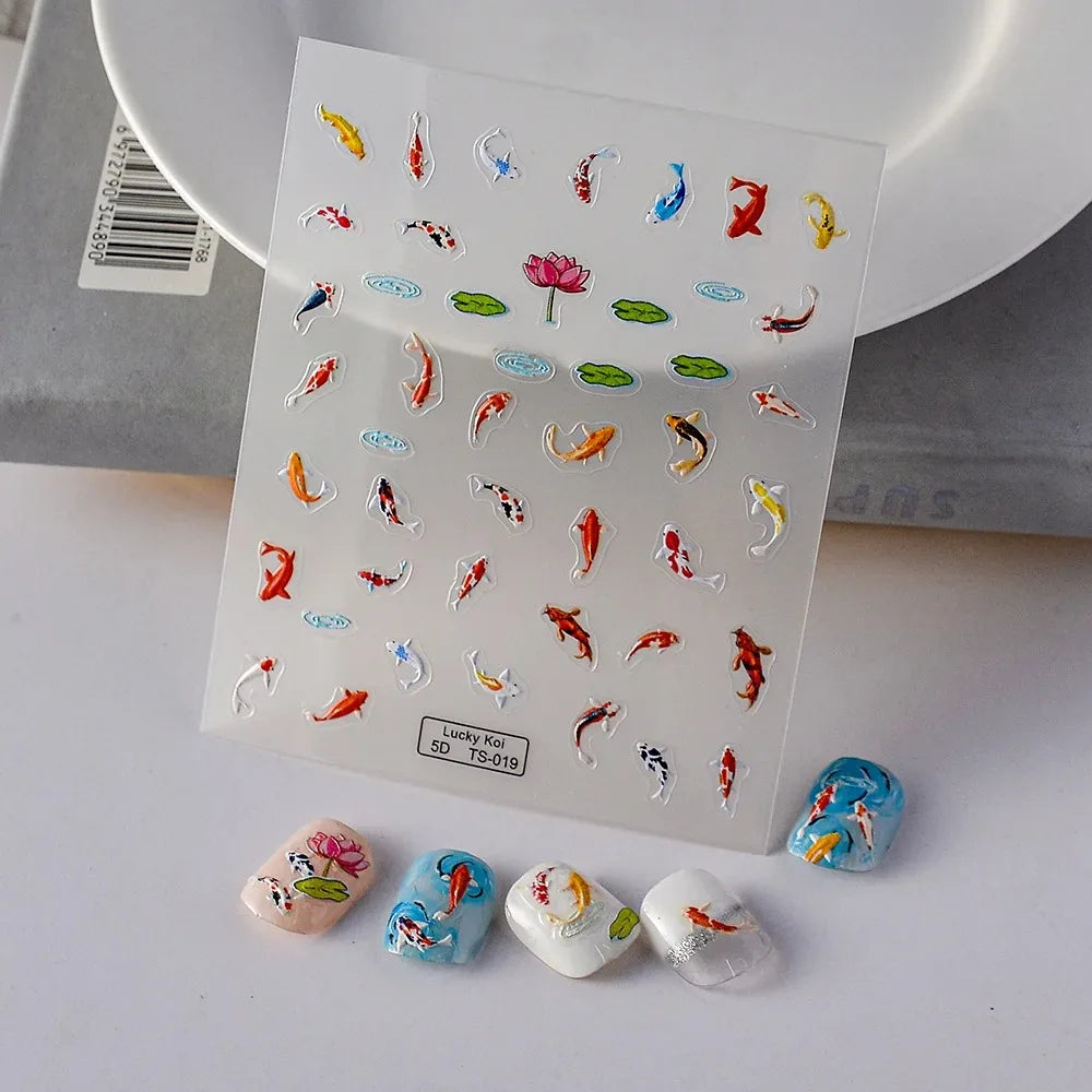 5D Koi Fish Nail Stickers, Green Lotus and Red Carp Nail Art Decals