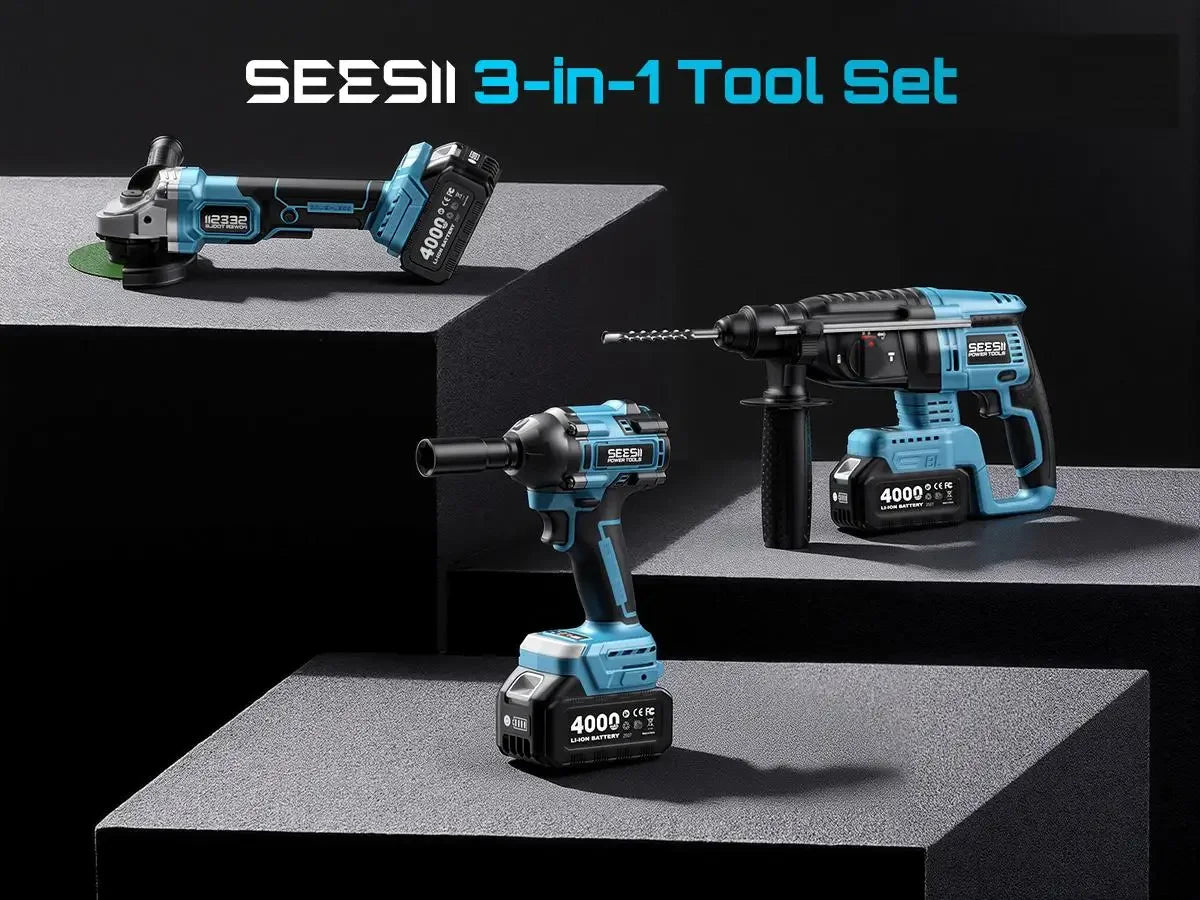 Seesii 3-In-1 Tool Combo Kit Rotary Hammer Drill Impact Wrench Angle Grinder Electric Brushless Cordless Battery Powered Tool Kits with 2x4.0Ah Batteries for Car Home Heavy-duty