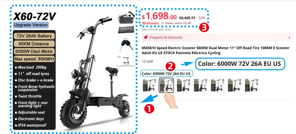 60-85KM/H Fast Electric Scooter for Adults, 1200W-6000W High Power E Scooter Single/Dual Motor, 48V 52V 60V 72V Long Range 40-100KM, 10Ah-30Ah Battery, 11 Inch Off Road Fat Tire All Terrain Electric Scooter with Dual Suspensi