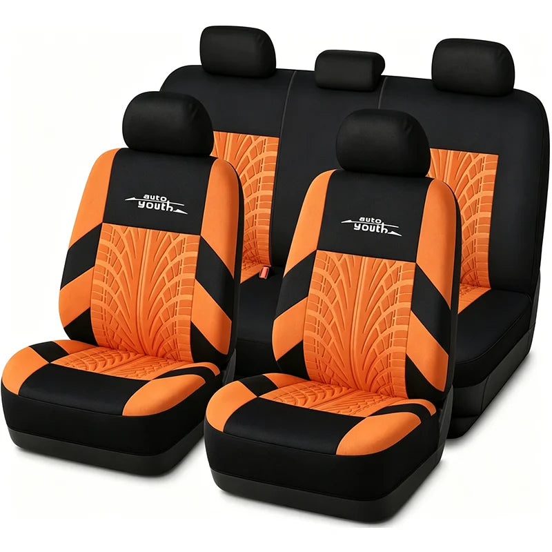 AUTOYOUTH Embroidered Car Seat Covers Full Set, Universal Fit with Tire Track Detail