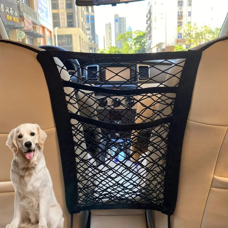 Car Seat Storage Net Bag and Pet Barrier, Stretchable Mesh Organizer Between Seats