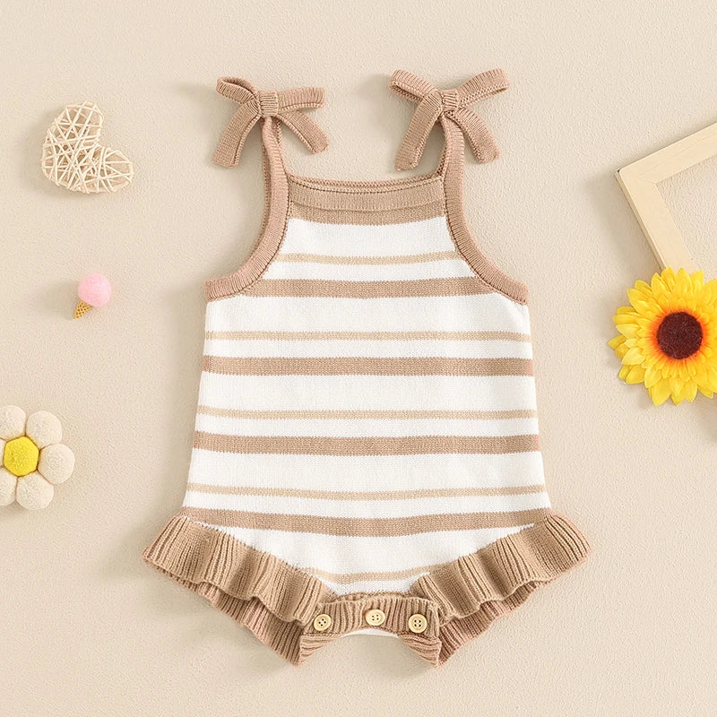 0-18M Cute Baby Girls Boys Summer Romper Sleeveless Bow Strap Ruffle Striped Ribbed Jumpsuits Playsuit