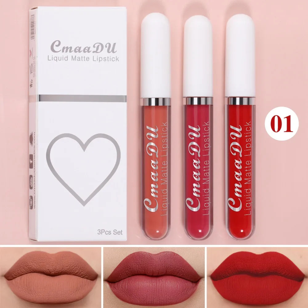 1/3pcs Matte Lipstick Set Liquid Waterproof Velvet Sexy Red Lip Gloss Kit Makeup Lasting Non-stick Cup Lip Tint Beauty Cosmetics