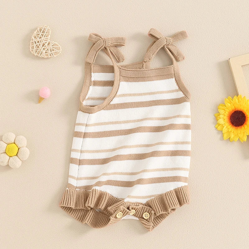 0-18M Cute Baby Girls Boys Summer Romper Sleeveless Bow Strap Ruffle Striped Ribbed Jumpsuits Playsuit