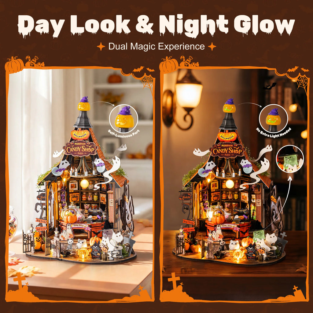 Rolife DIY Miniature House Kit Haunted Candy House Wooden Dollhouse Model Building Kit with LED Light for Home Decor Holiday Gift for Adults Friends