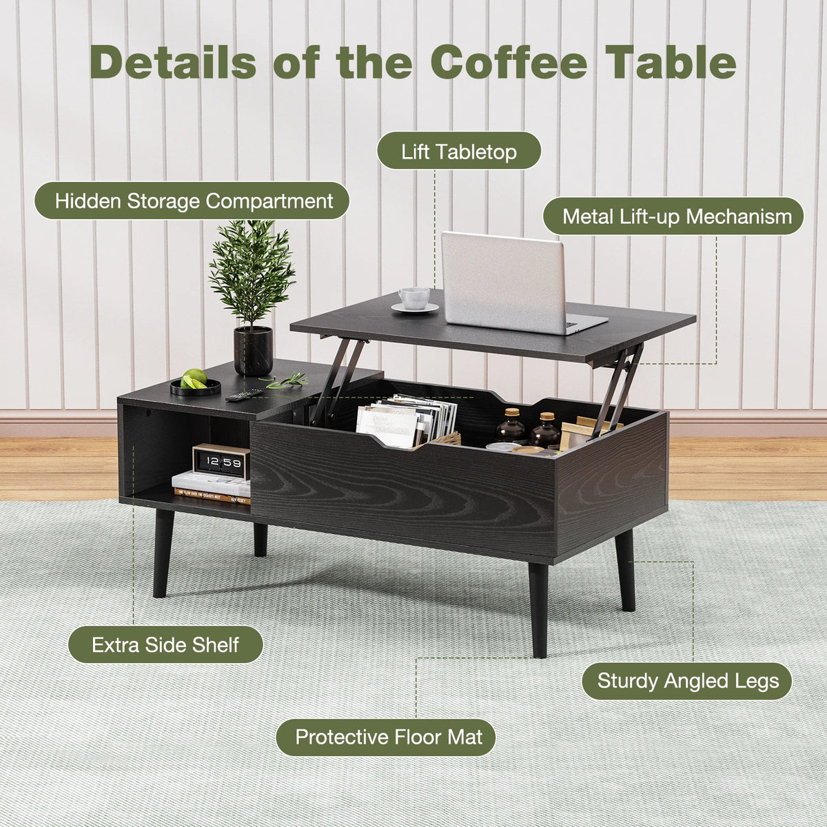 Lift-Top Coffee Table with Hidden Storage Shelf, 39 x 20 Inch