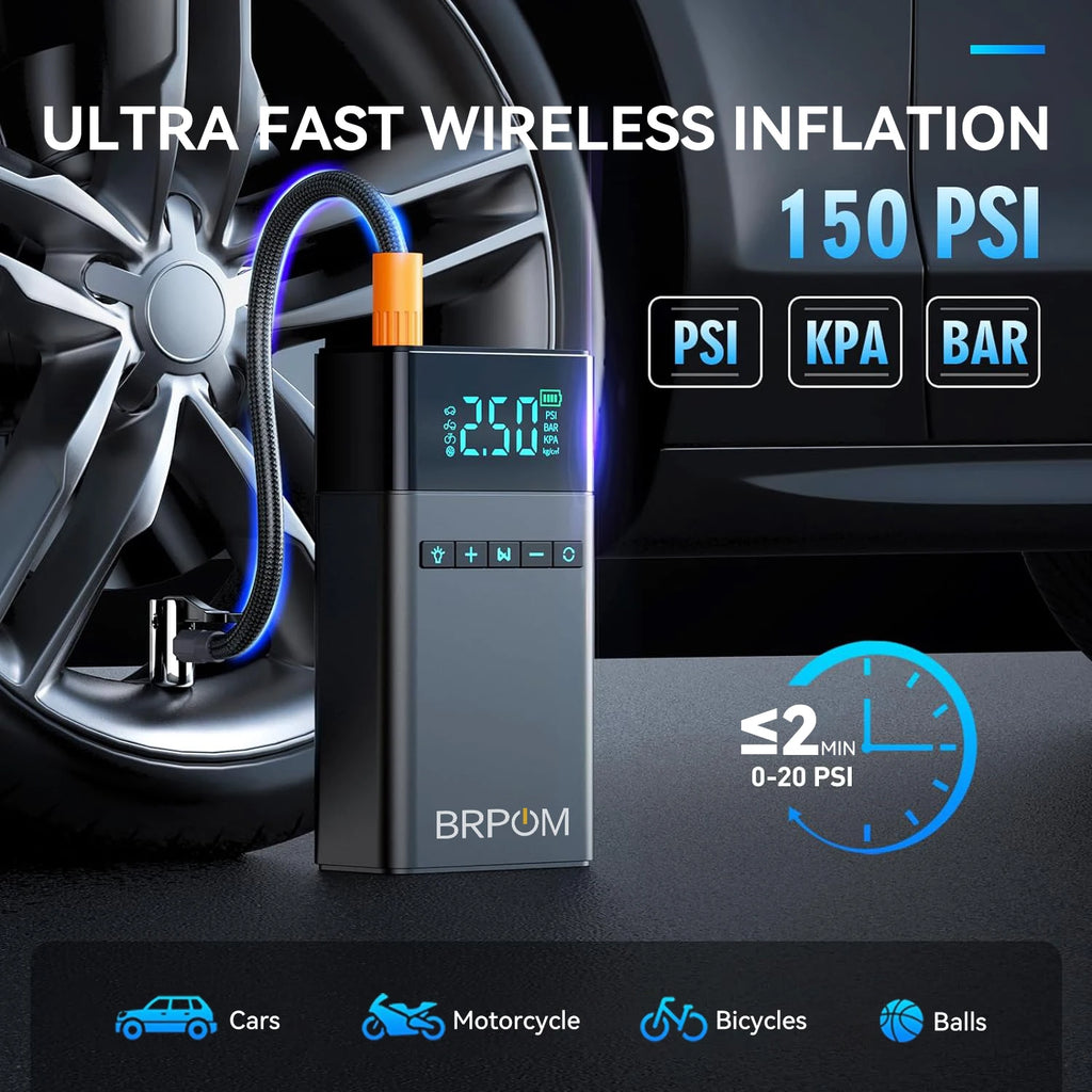8500A/9000A Peak Current, 150 PSI Multi-Functional Portable Car Battery Starter, Compressor, and Air Injector/Portable Compressor with LED Display (ALL GAS, 8.0L Diesel)