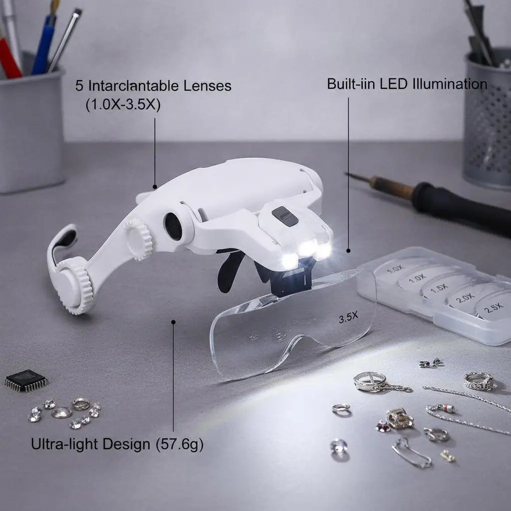 LED Head Magnifier with 5 Lenses 10X to 35X Adjustable Focus Hands Free Loupe for Precise Work Ideal for Crafts and Close Detail Magnification Glasses for Hobbyists and Professionals Lightweight Comfortable Wear