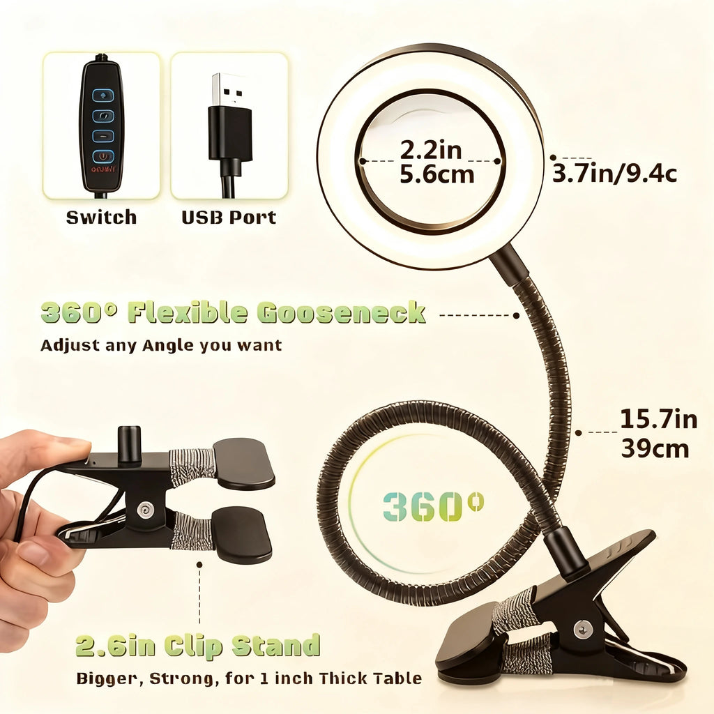 LED Clip-On Magnifying Desk Lamp 5X, USB Dimmable Gooseneck Magnifier Light with 3 Colors